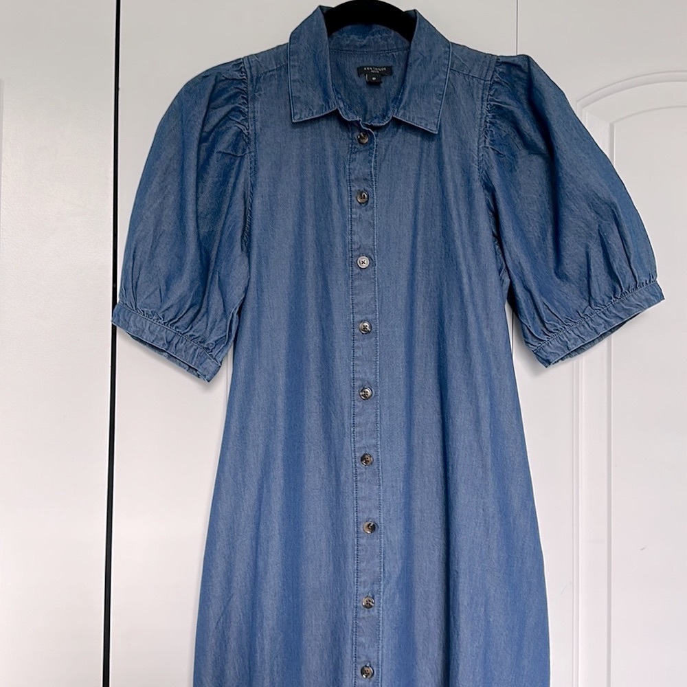 Ann Taylor jean shirt dress  , belt optional
Puffy sleeves